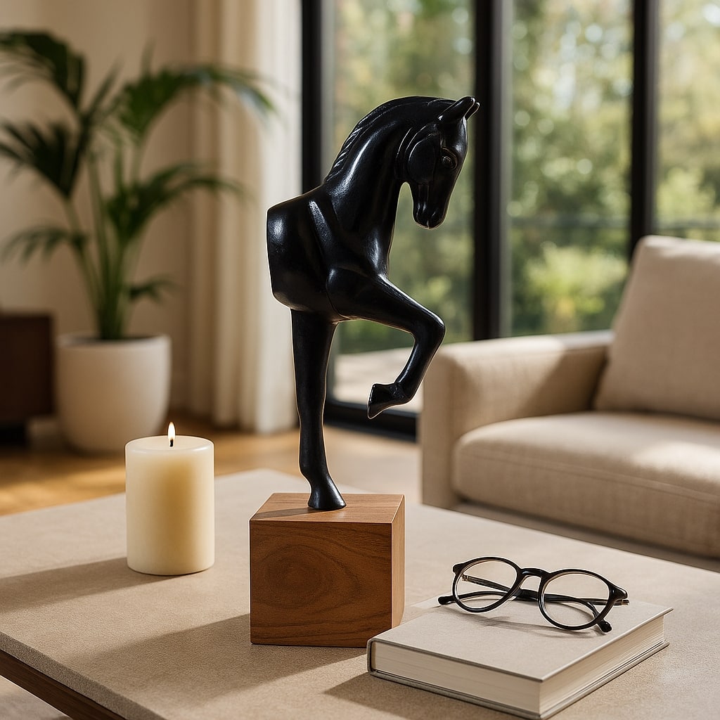 Horse Figurine Sculpture on Wooden Stand Base - 12", Black & Brown - 12.0"