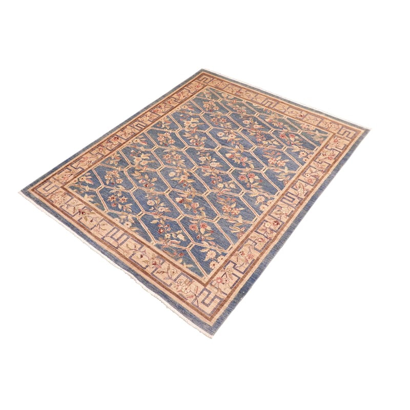 Hexagonal Trellis Floral Hand-Knotted Wool Area Rug