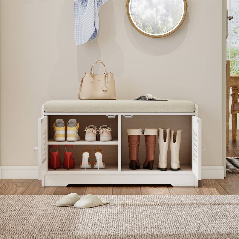 28.7" Shoe Storage Bench with 2 Doors,Cushion and Adjustable Shelves