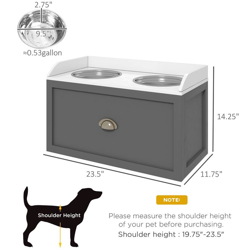 Elevated Dog Feeder Stand for Large Dogs with Storage Drawer and 2 Stainless Steel Bowls - 23.5" W x 11.75"D x 14.25" H