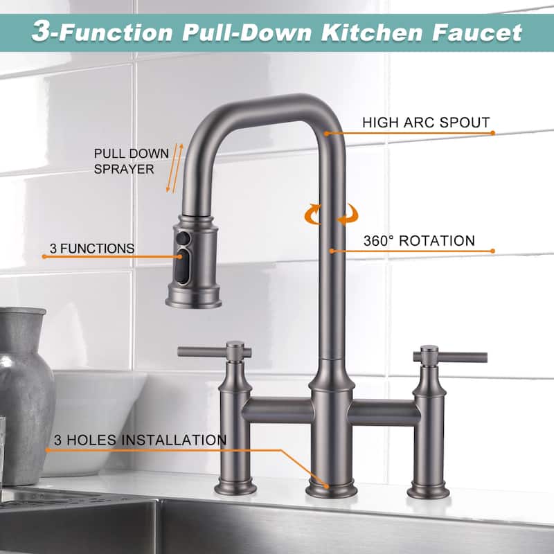WOWOW Double Handle Bridge Kitchen Faucet with Advanced Spray