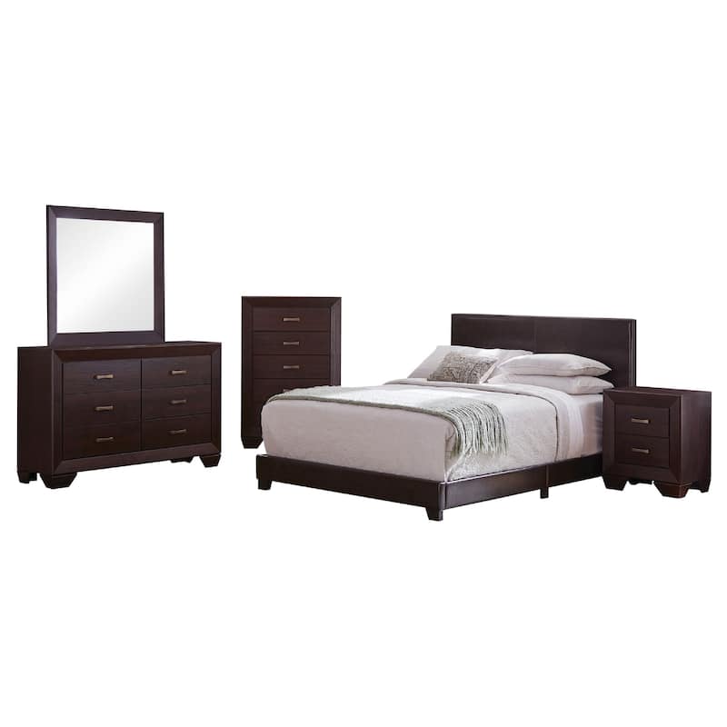 Desy 5pc Queen Size Bedroom Set, Extra Dark Cocoa Brown Faux Leather