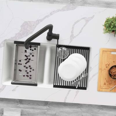 STYLISH 33 inch Dual Mount Workstation Double Bowl Black Composite Granite Kitchen Sink with Built in Accessories