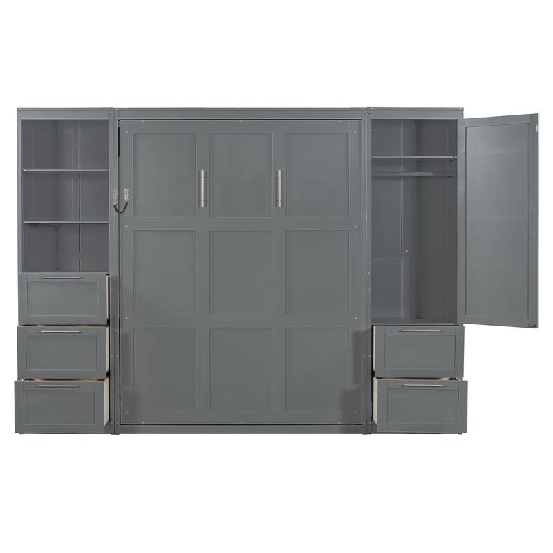 Queen Murphy Bed with Side Flip, Storage Cabinet, Wardrobe and Drawers, Foldable Wall Bed with Top Shelf and Under-Bed Storage