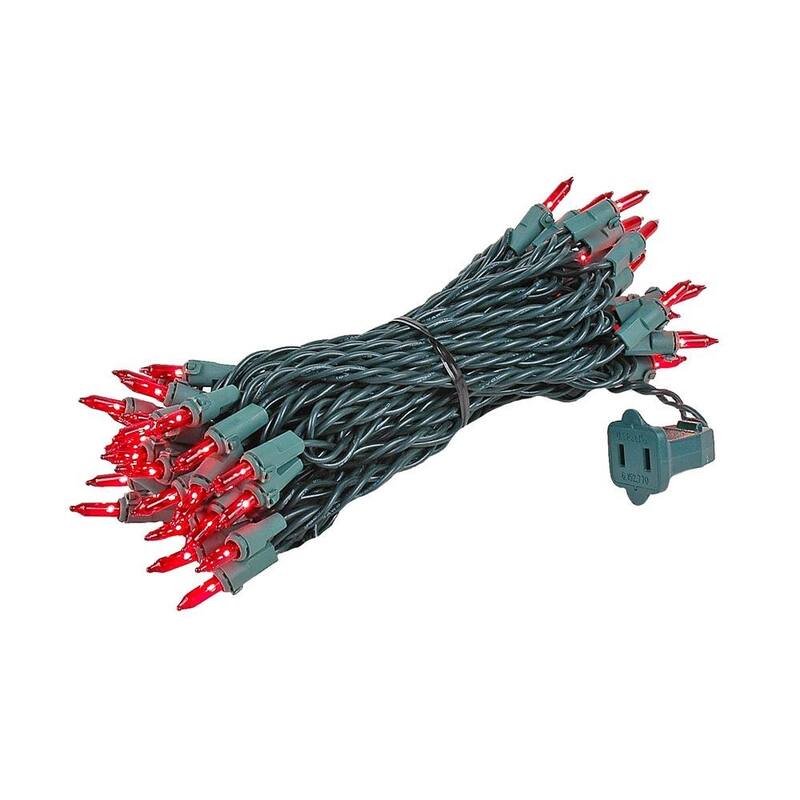 50 Light Christmas Mini Light Set, Green Wire, 25' Long - Red