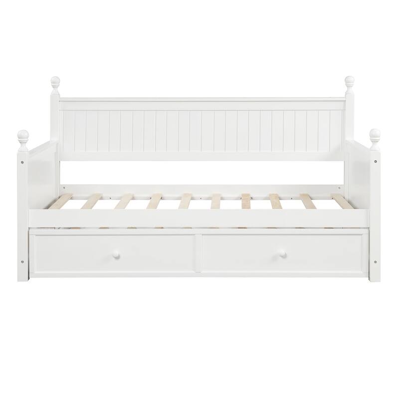 Twin Size White Wood Daybed with Trundle, Space-Saving Dual-Use Bed Frame