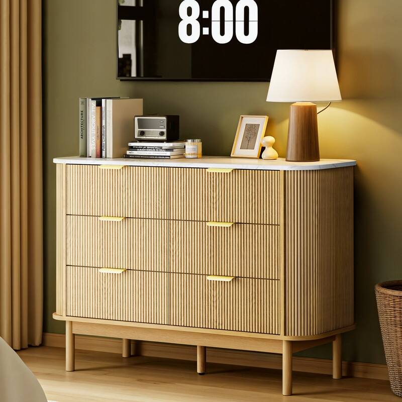 47" Wooden Buffet Cabinet Curved Profile Design With Faux Marble Top & Fluted Chest Of Drawers