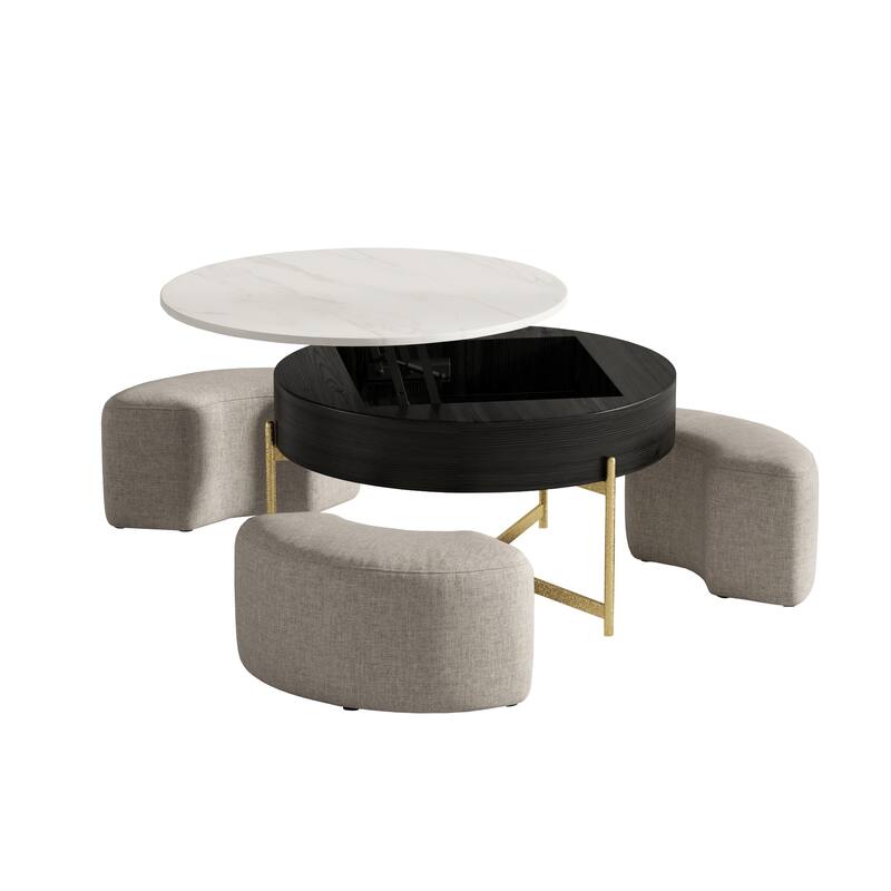 31.5'' Modern Round Lift-Top Coffee Table Set with Storage & 3 Ottomans
