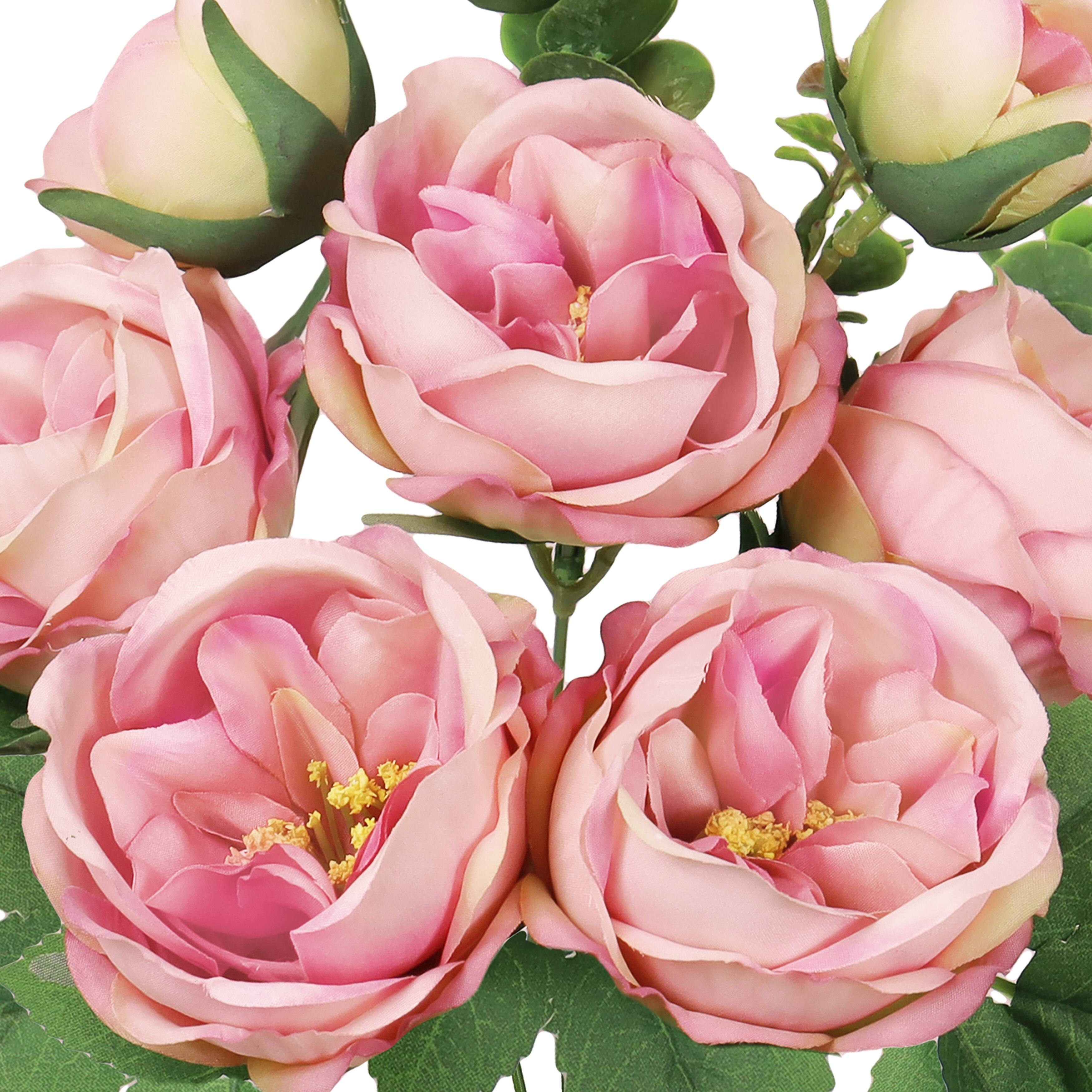 Set of 4 Rose Pink Artificial Cabbage Rose Flower Stem Bush Bouquet