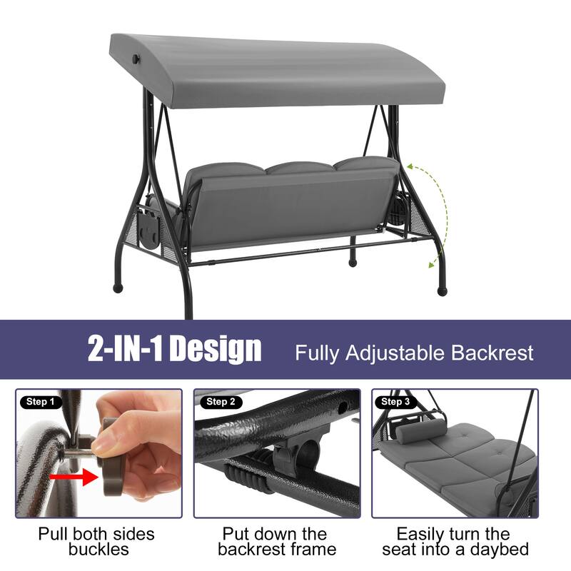 3-Seat Outdoor Porch Swing with Adjustable Canopy & Stand, Convertible Bed, All-Weather, Thickened Cushions & Cup Holders