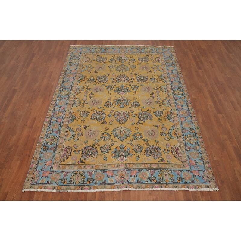 Hand Knotted Oriental 100% Wool Carpet Traditional Floral Yellow & Gold Tabriz Area Rug - 9' 1'' X 6' 3''