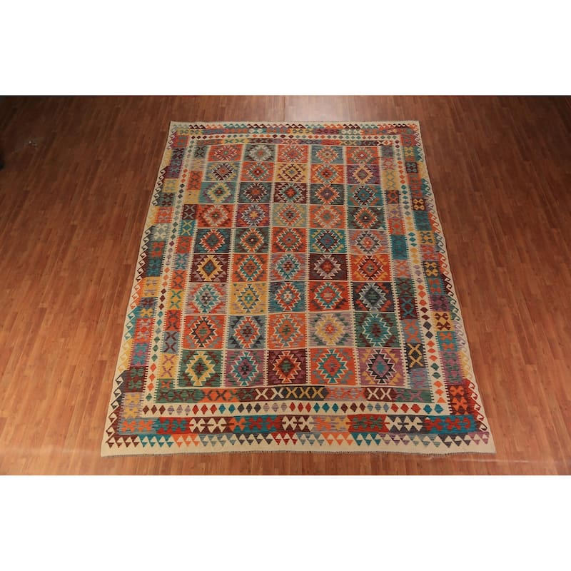 Geometric Kilim Oriental Rug Flatweave Wool Carpet - 9'7"x 12'10"