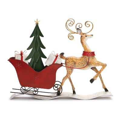 Reindeer with Sleigh Christmas Figurines - 12" - Red and Green