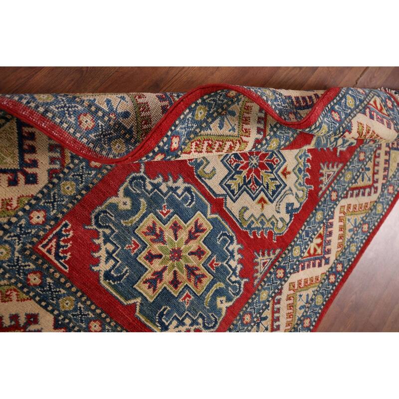 Geometric Kazak Accent Rug Hand-Knotted Red Wool Carpet - 3'3" x 4'9"
