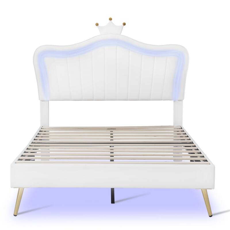 Modern Queen/Twin Full Upholstered Platform Bed with LED Lights, Adjustable Crown Headboard, No Box Spring