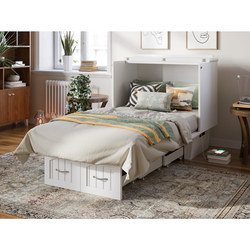 Twin Murphy Bed Chest with Storage Drawer and Charging Station, White Finish, Elegant and Functional Design