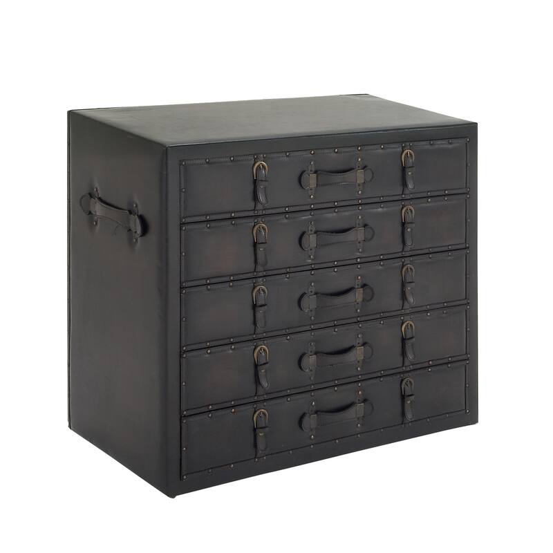 Black Wooden Vintage Faux Leather Room Chest with Buckles and Straps Detailing
