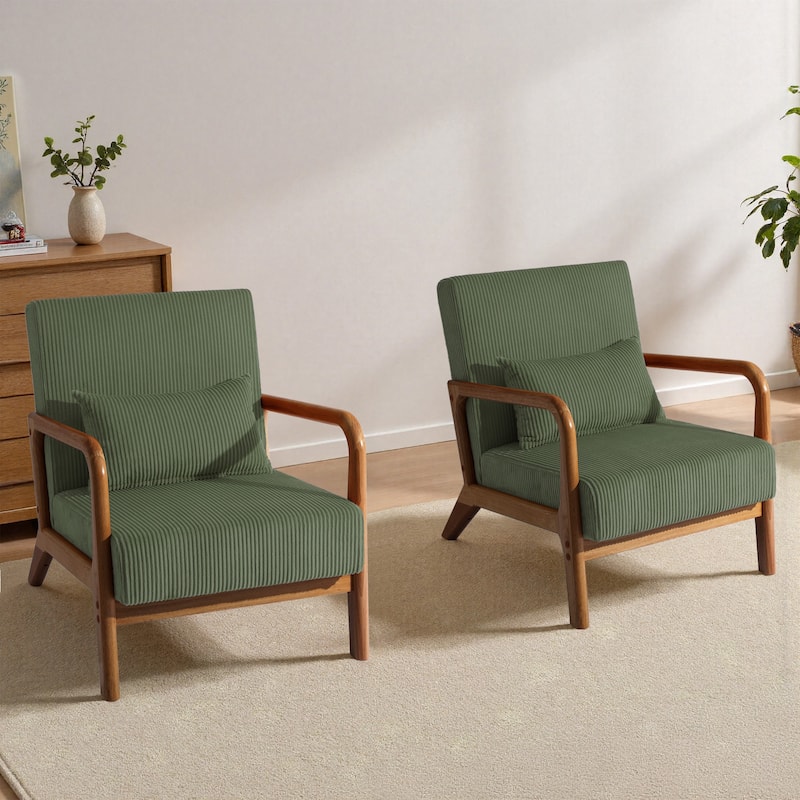 25" W Mid Century Upholstered Wood Accent Chair with Pillow set of 2 - Dark Wood - Grey Green