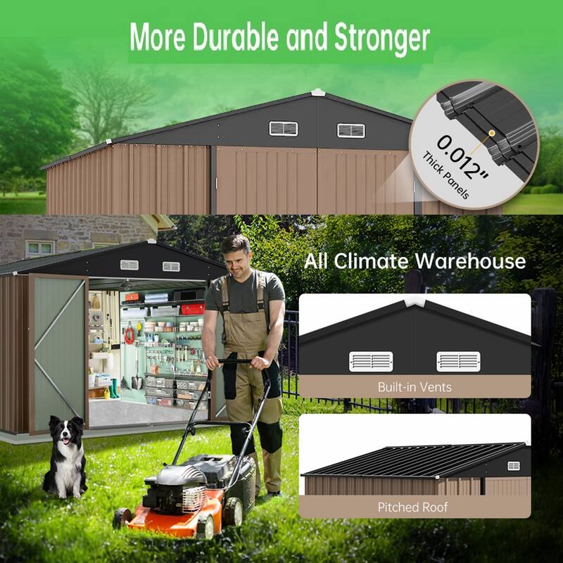 Outdoor Metal Storage Shed with Lockable Doors and Sloping Roof