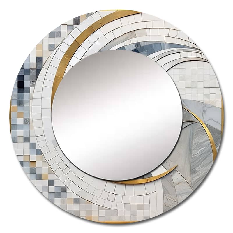 Designart "Grey and Yellow Mosaic II" Abstract Shapes Large Round Mirror - Modern Grey Round Printed Mirror