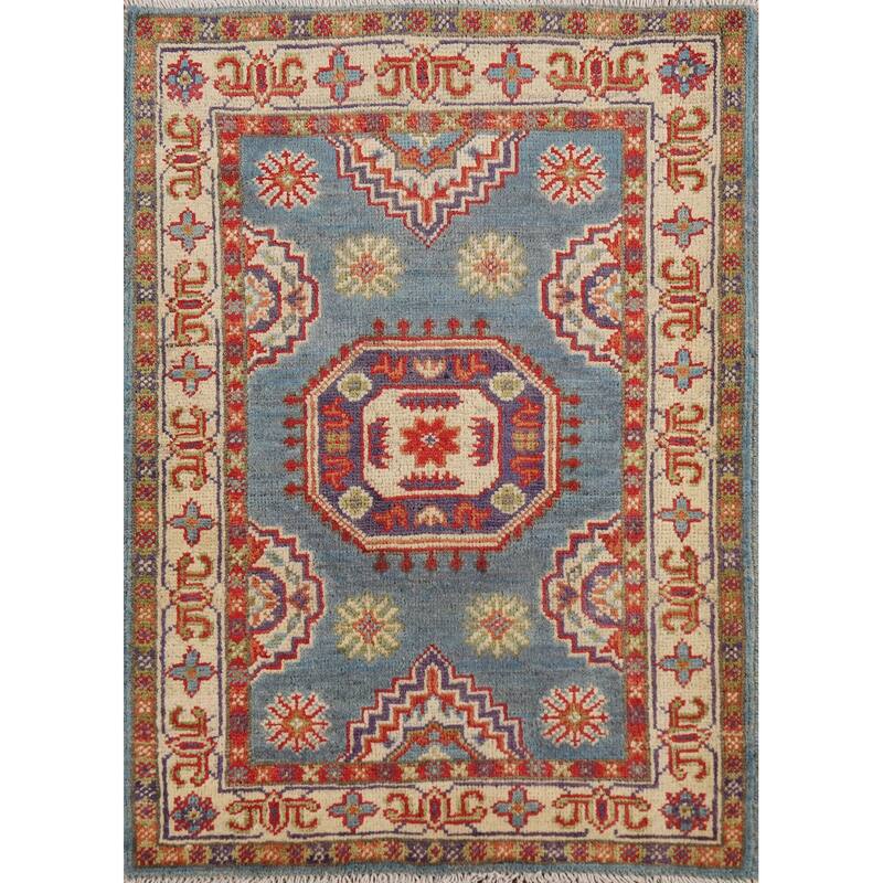 Light Blue Kazak Foyer Rug Hand-Knotted Wool Carpet - 2'0" x 3'0"