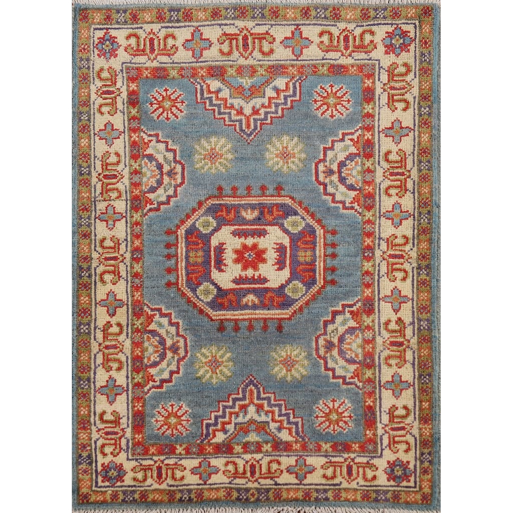 Light Blue Kazak Foyer Rug Hand-Knotted Wool Carpet - 2'0" x 3'0"