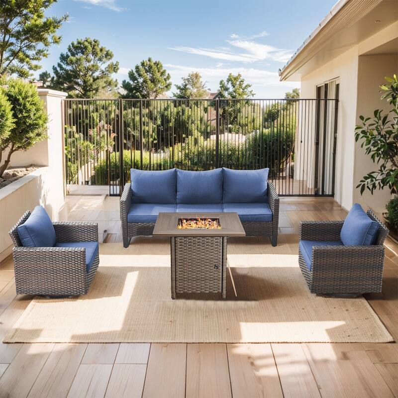 Outdoor Pocassy Sofa Chairs Set with Fire Table - Brown Wicker Blue Cushion - 4 Pieces