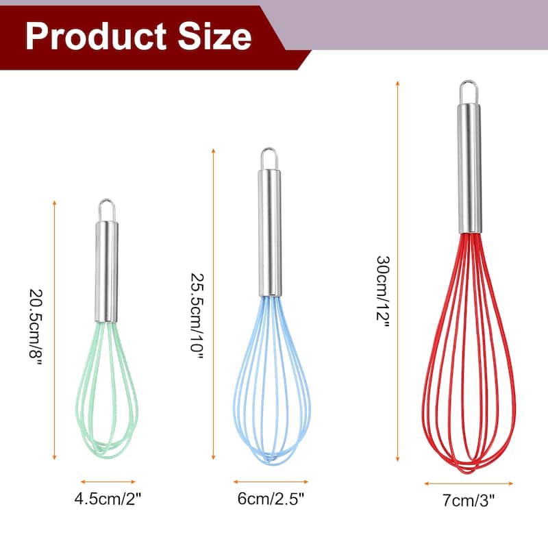 3Pcs Silicone Whisk 8" 10" 12" Kitchen Whisk Wire Whisks Beater - Red/Blue/Green