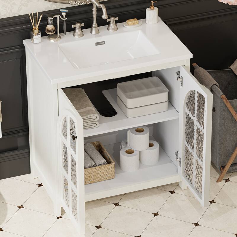 31" Vintage Bathroom Vanity with Ceramic Sink, with Bronze Pulls and Tempered Glass