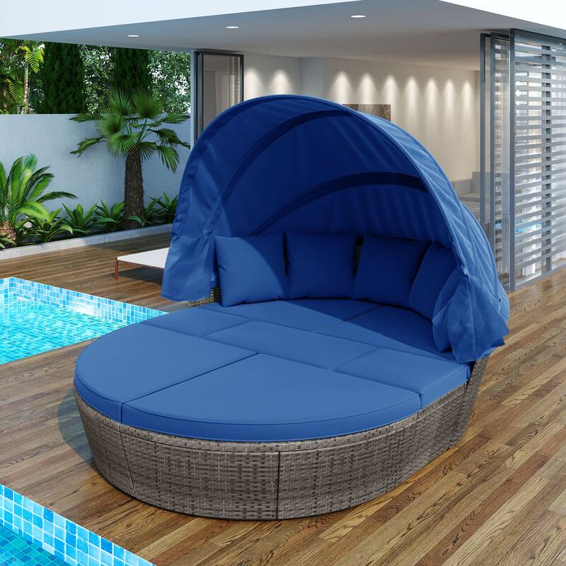 Modern Round Outdoor Rattan Sofa Bed with Retractable Canopy, Convertible into Coffee Table, Suitable for Patio and Outdoor Pool - Blue