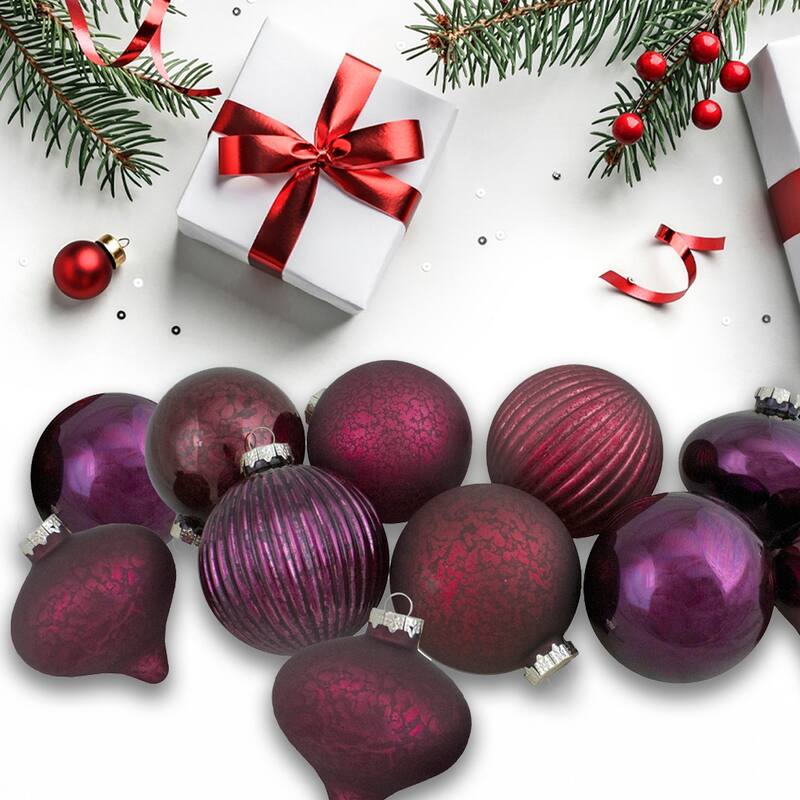 Finial and Glass Ball Christmas Ornaments - Burgundy and Purple - Set of 9