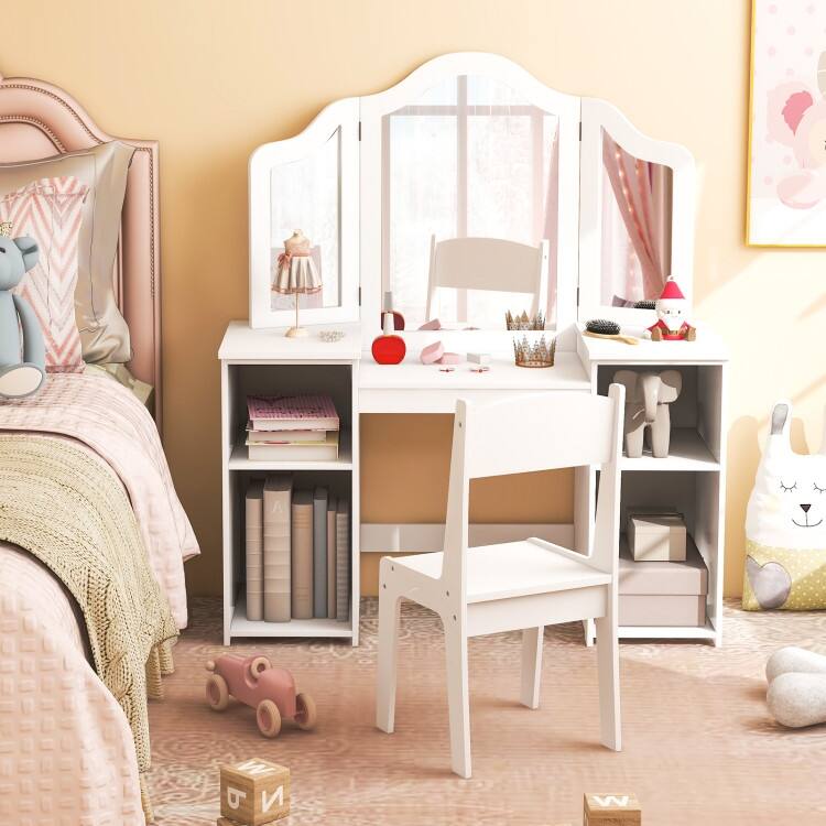 Kids Vanity Table and Chair Set with Removable Tri-Folding Mirror - 41" x 16" x 46"