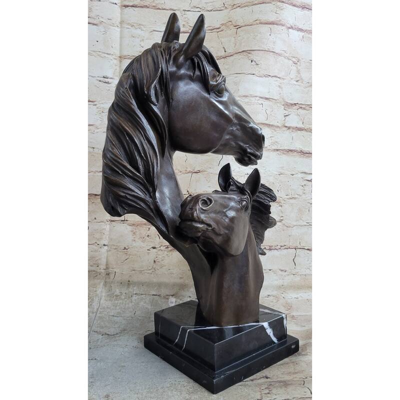 Two Imitative Horses Bust Sculpture Real Bronze Signed Original Equine Art By Milo On Marble Base