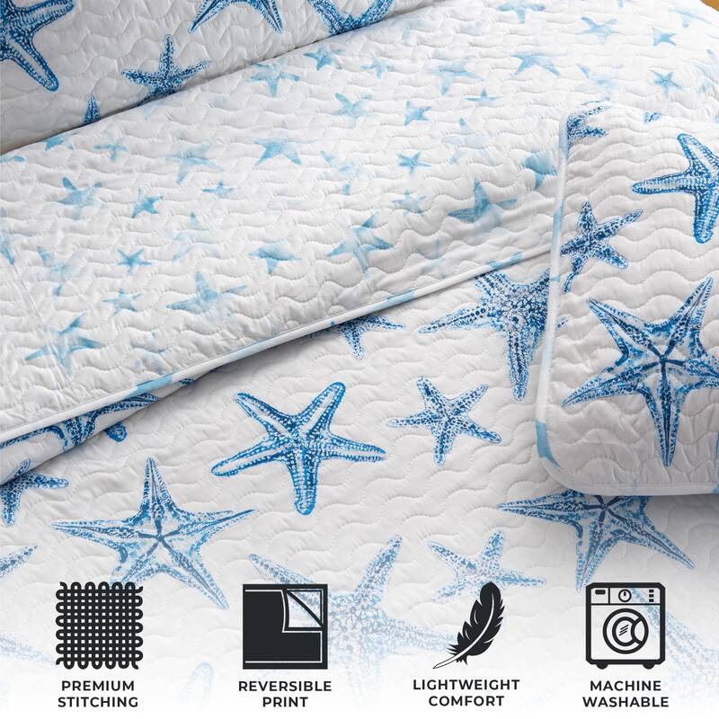 Premium Blue Starfish Microfiber Quilt Set With Shams