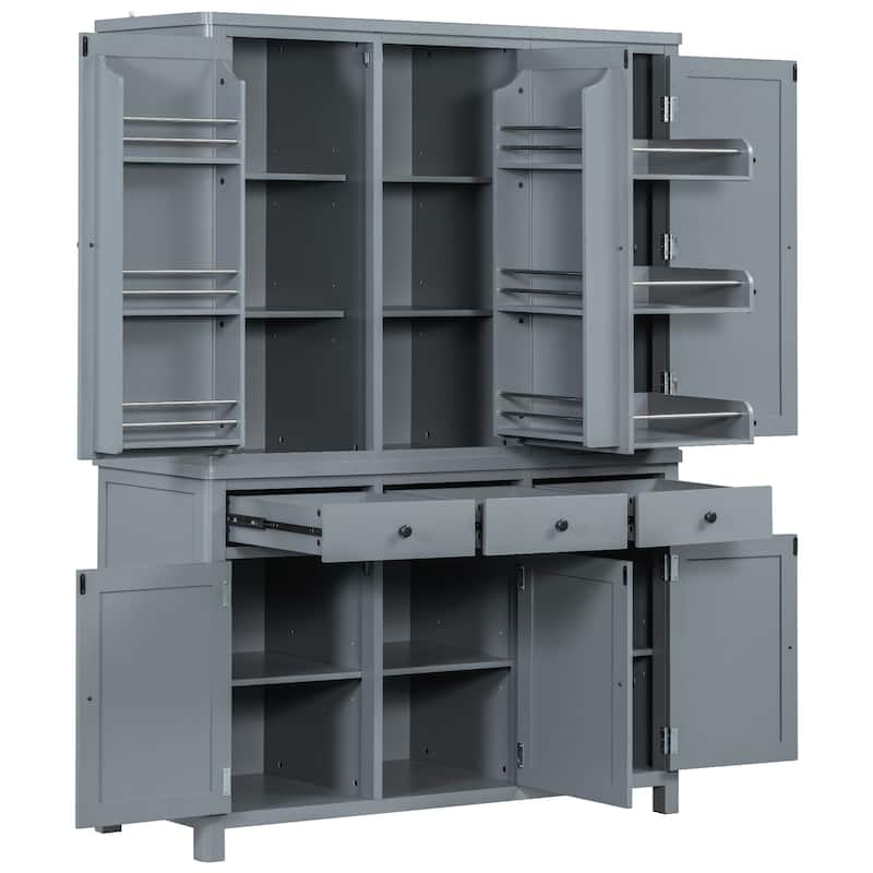 75" Farmhouse Kitchen Pantry Cabinet with Door Shelves, Large Freestanding Cupboard with Pull-Out Trays - Grey 