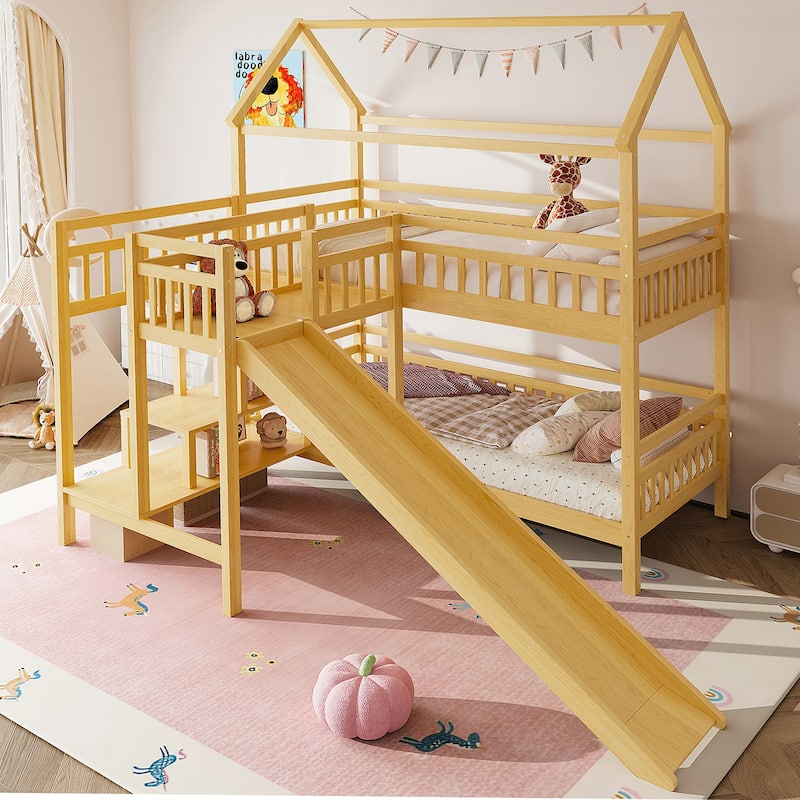 House-shaped Bunk Bed Playful Kids Bed Frame with Storage Stairs, Slide and 2 Placement Methods for Boys and Girls - Natural - Twin