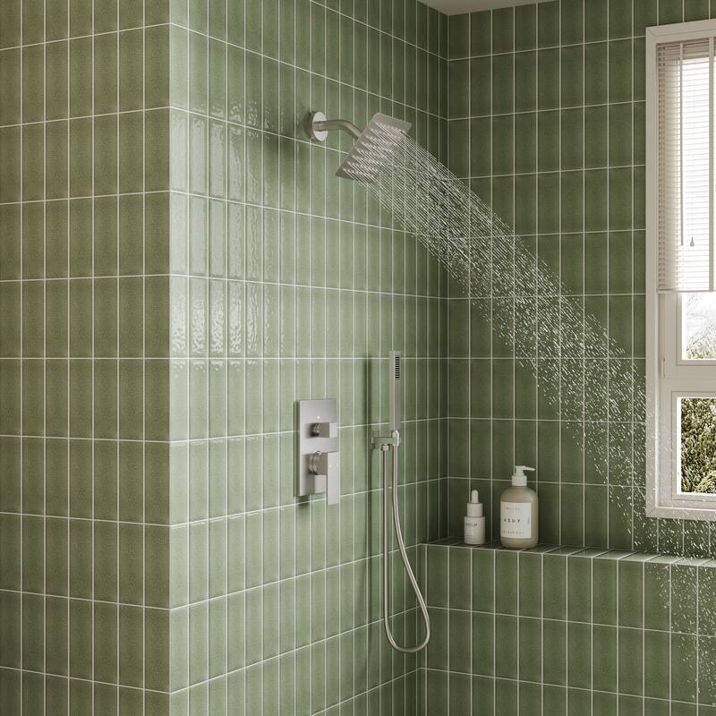Wall Mounted 6 in Rain Shower Head Bathroom Shower Faucet Set 2-Setting Square Shower System With Rough-In Valve, & Handheld