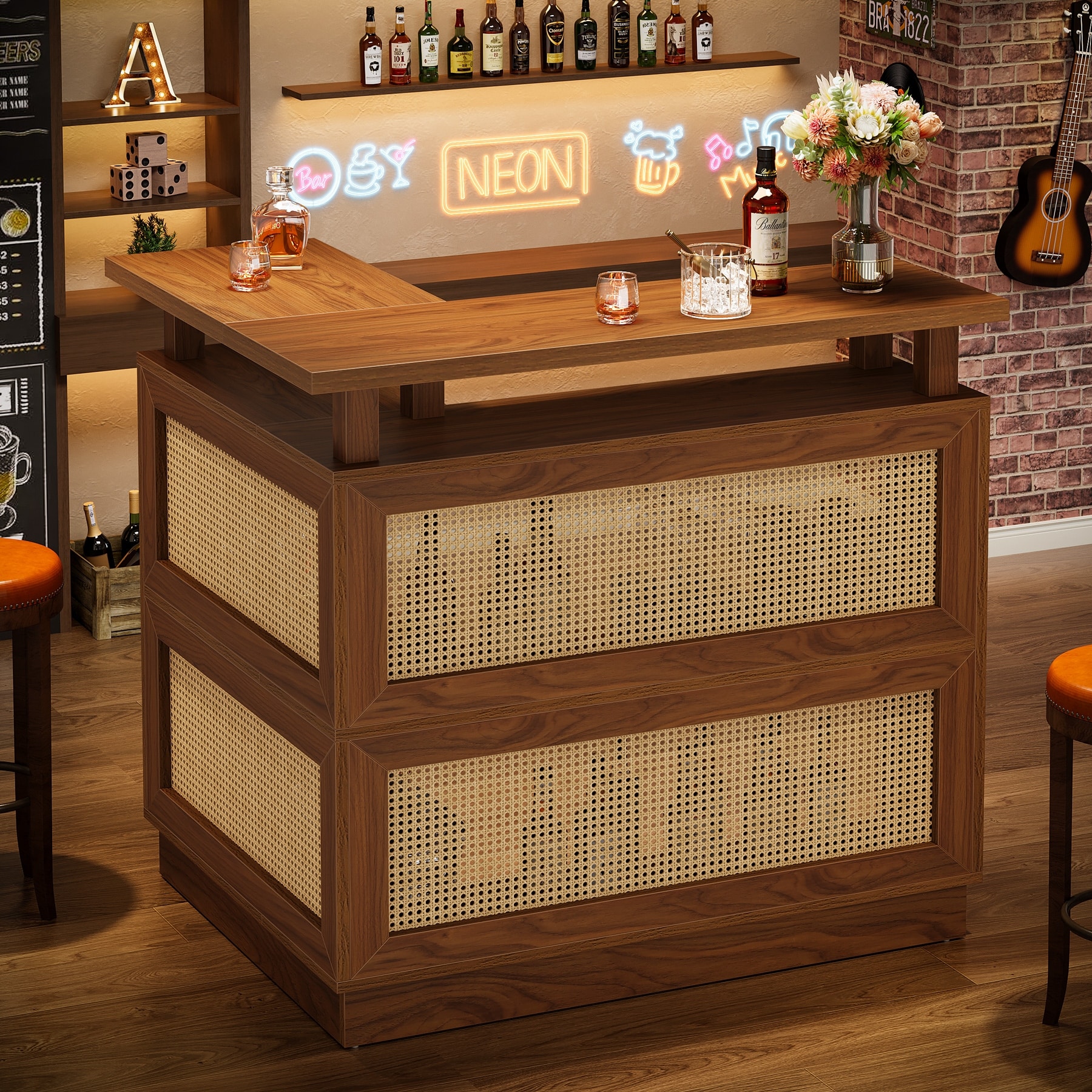 L Shaped Bar Table with 4-Tier Storage Shelf