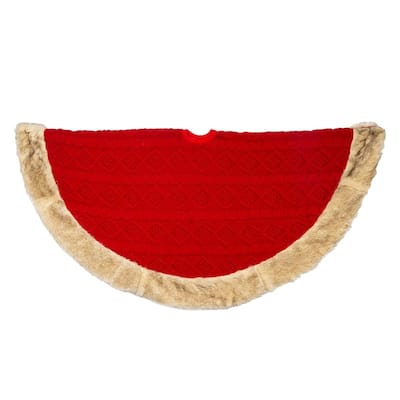 Kurt Adler 48-Inch Red Knit Tree Skirt with Tan Faux Fur Border