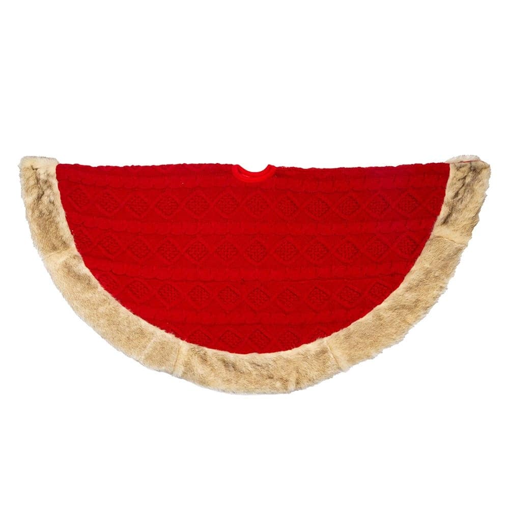 Kurt Adler 48-Inch Red Knit Tree Skirt with Tan Faux Fur Border