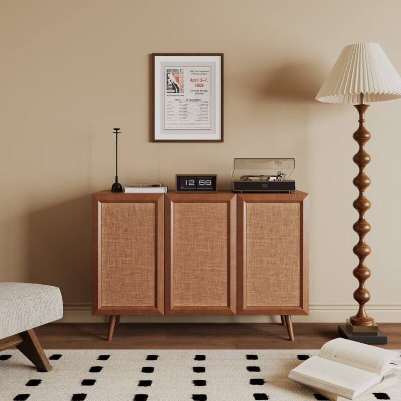 Boho Rattan Buffet Cabinet Sideboard, Wood Kitchen Storage Cabinet Accent Cabinet Media Console Table for Living Dining Room - Walnut