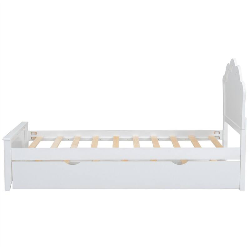 Solid Wood Platform Bed with Twin Size Trundle, Twin/Full Size Bed Frame with Headboard and Slats Support