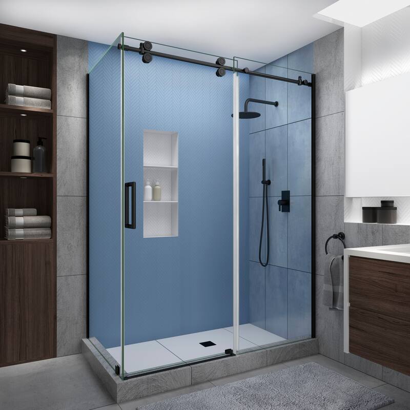 Langham XL 44-48 in. x 36 in. x 80 in. Frameless Sliding Shower Enclosure, StarCast Clear Glass, Left - Matte Black