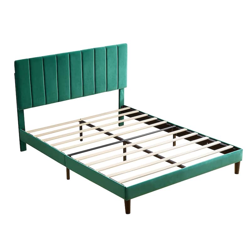 Green Platform Bed Frame with Upholstered Headboard Queen Slat Support