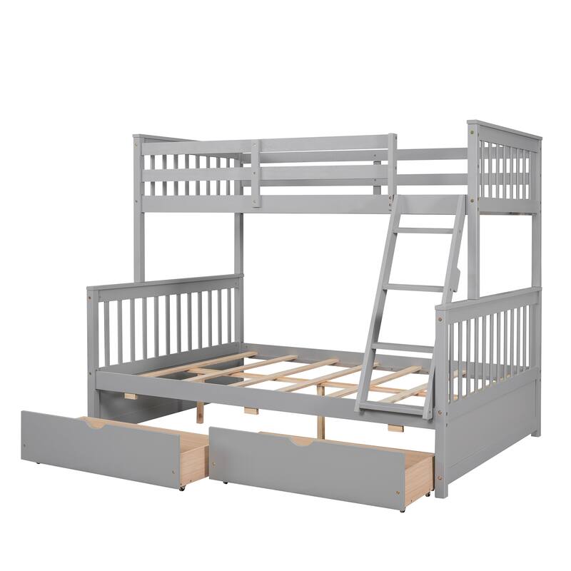 Twin-Over-Full Bunk Bed with Ladders and Two Storage Drawers in Gray