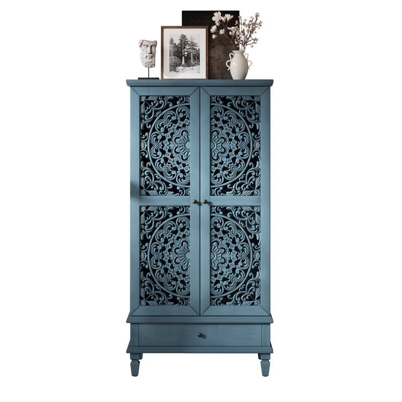 Rustic 55" Tall Storage Cabinet with Drawer, Decorative Carved Wood Accent for Living Room or Dining Area