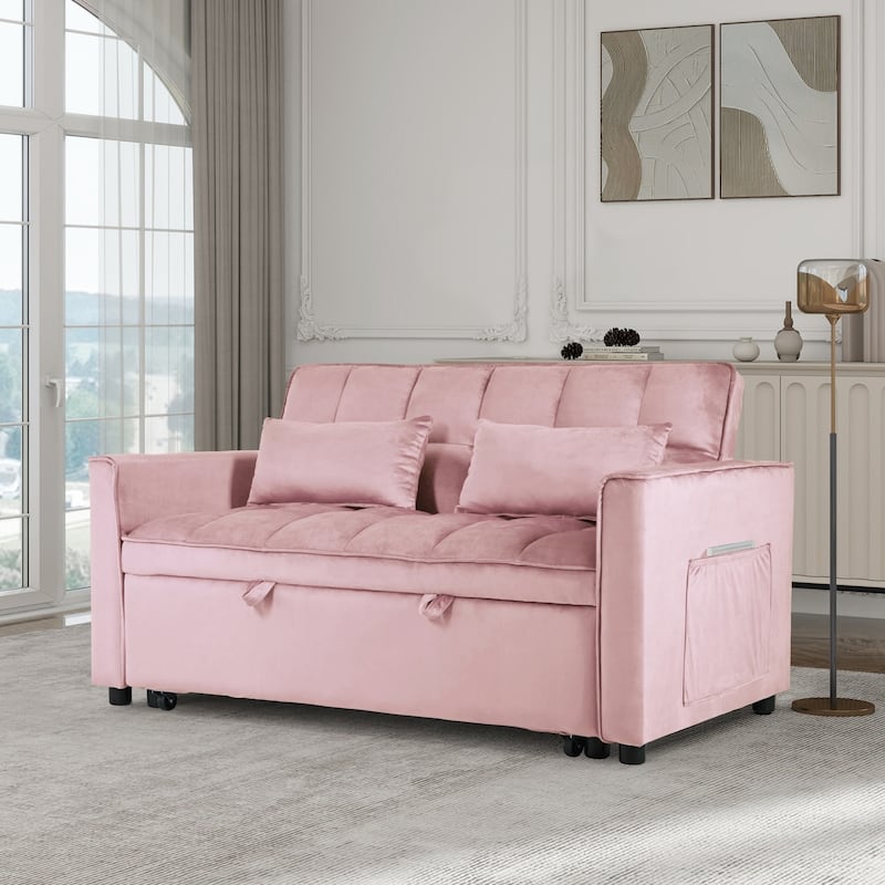 3-in-1 Convertible Loveseat 47.24 in. Velvet Pull-Out Twin Size Sofa Bed with Pocket & Throw Pillow