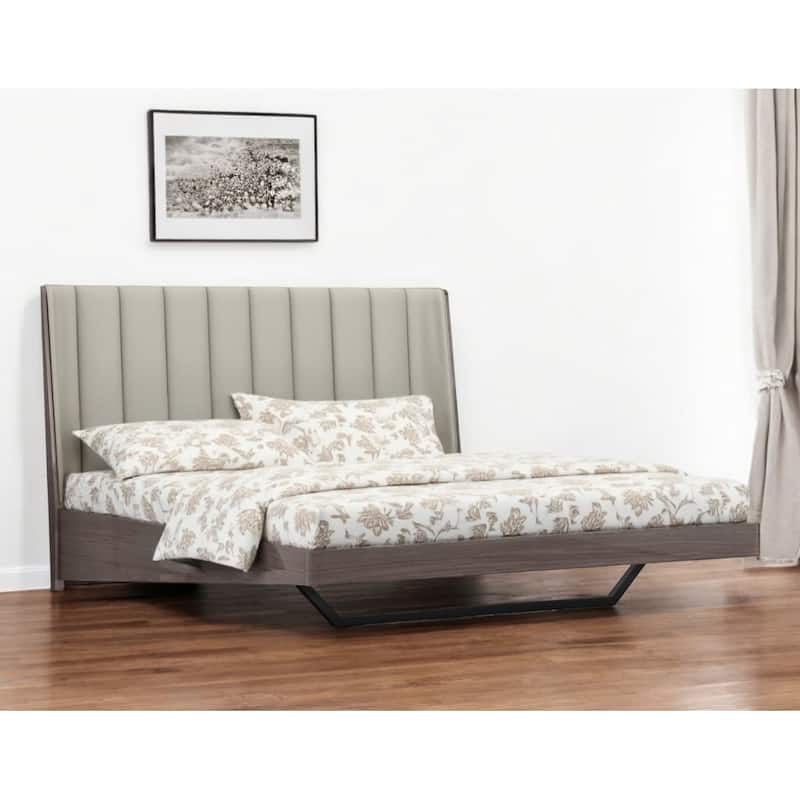 HomeRoots King Grey Upholstered Faux Leather and Ivory Gloss Bed Frame
