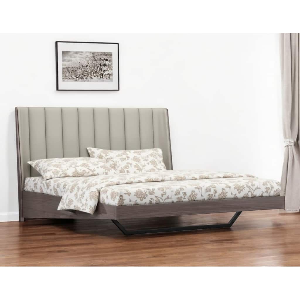 HomeRoots King Grey Upholstered Faux Leather and Ivory Gloss Bed Frame