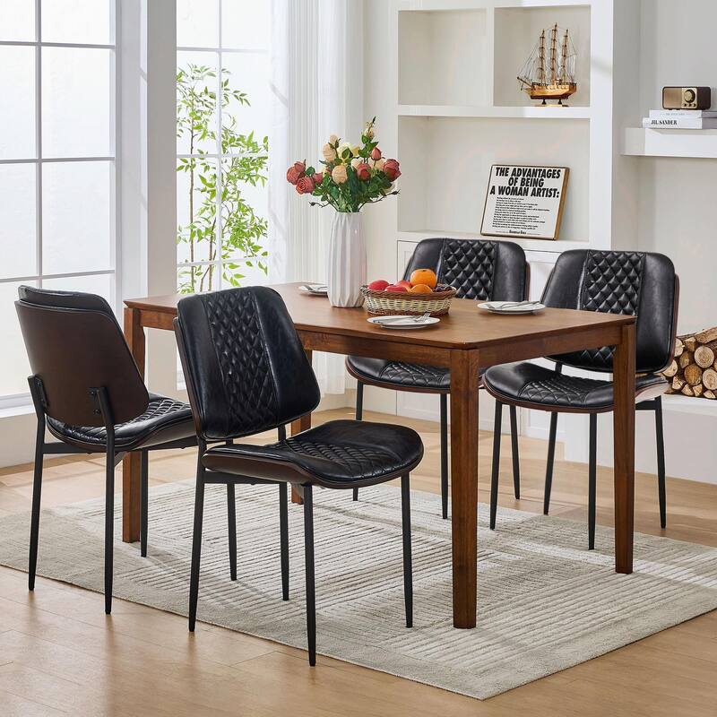 Set of 2 Mid-Century Dining Chairs - PU Leather, Walnut Bentwood & Adjustable Metal Legs